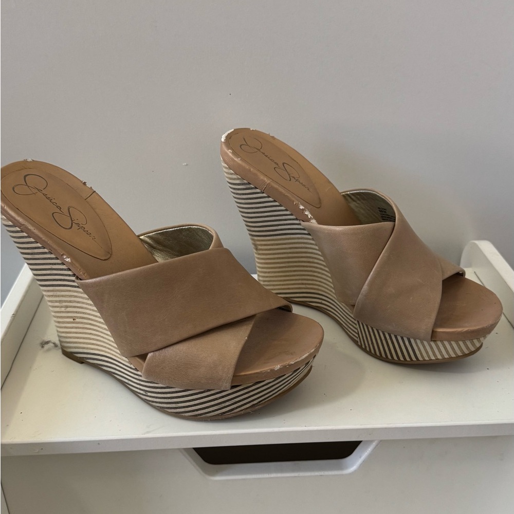 Jessica Simpson Striped Tan Wedges size 6